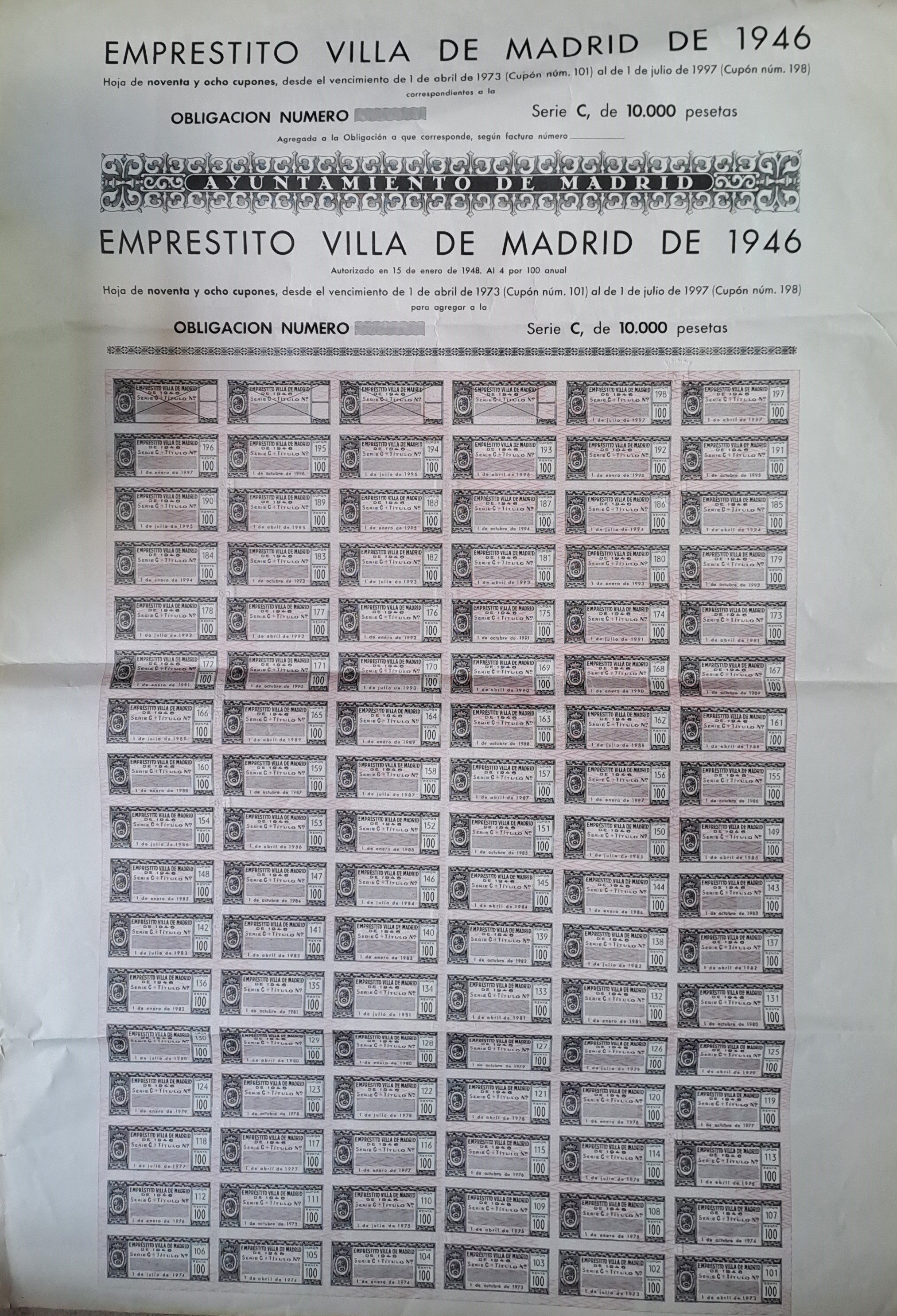 EMPRESTITO VILLA DE MADRID DE 1946 SERIE C DE 10.000 PTAS
