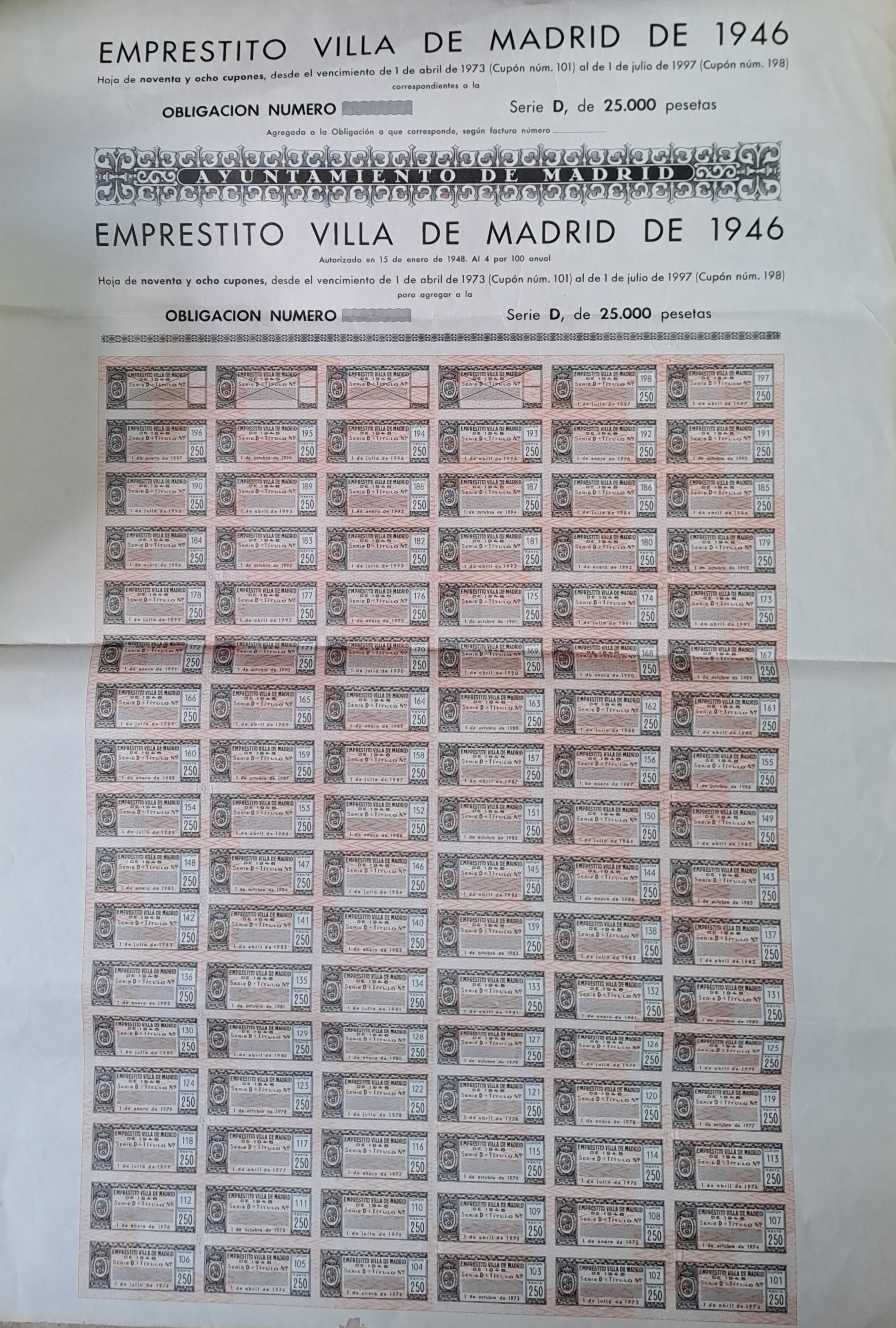 EMPRESTITO VILLA DE MADRID DE 1946 SERIE D DE 25.000 PTAS