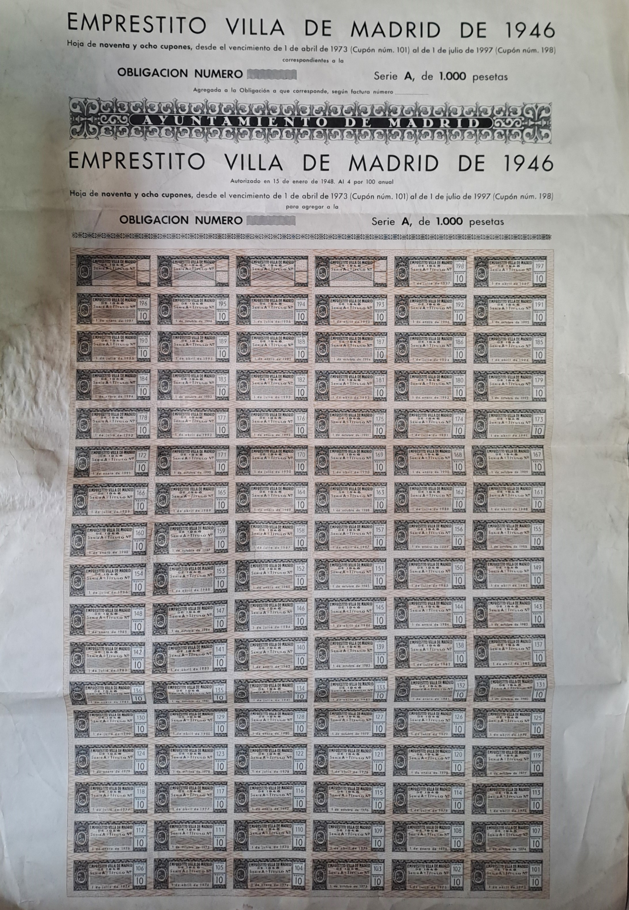 EMPRESTITO VILLA DE MADRID DE 1946 SERIE A DE 1.000 PTAS