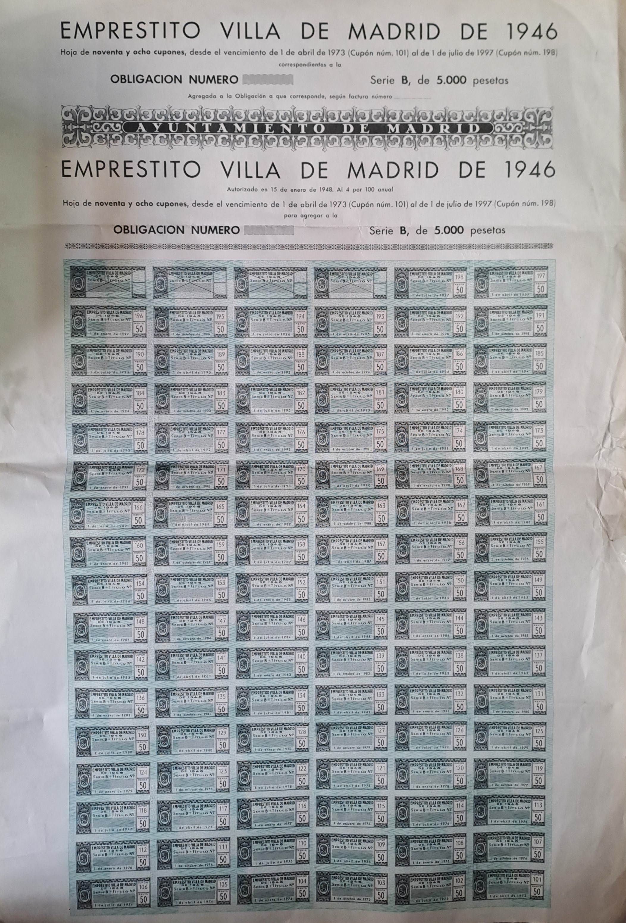 EMPRESTITO VILLA DE MADRID DE 1946 SERIE B DE 5.000 PTAS