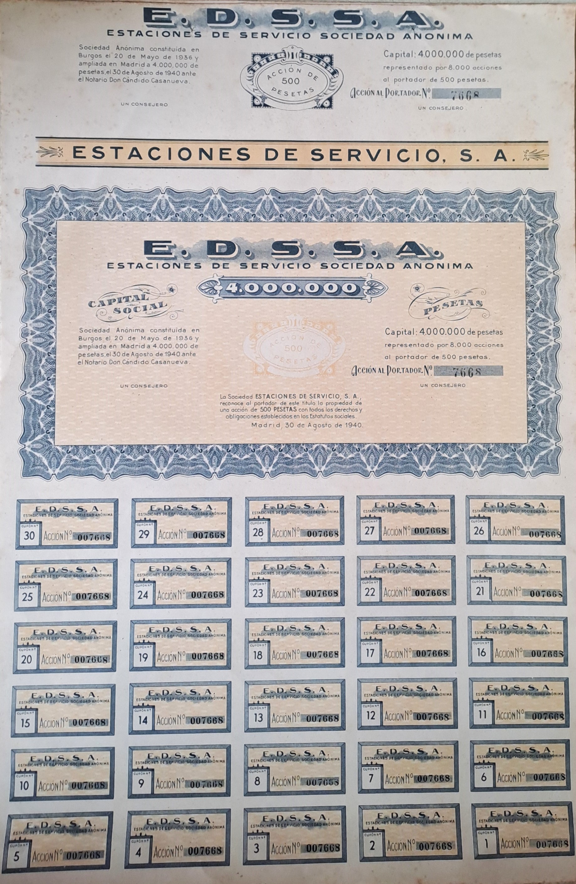 E.D.S.S.A. CAPITAL SOCIAL 4.000.000 PTAS ACCION Nº 7652,7673,7650,7651,7668,7669,7670  DE 500 PTAS