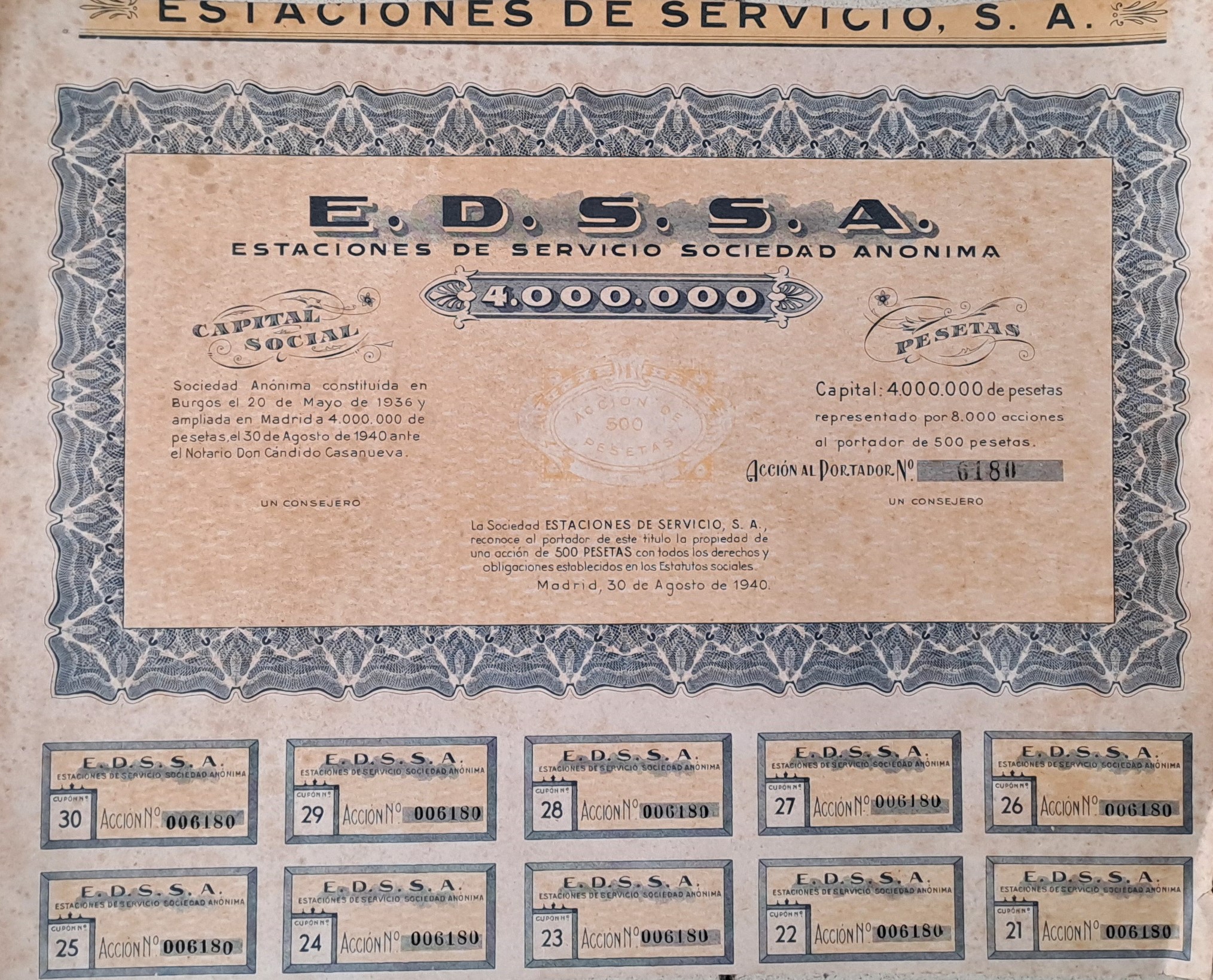 E.D.S.S.A. CAPITAL SOCIAL 4.000.000 PTAS ACCION Nº 6180  DE 500 PTAS