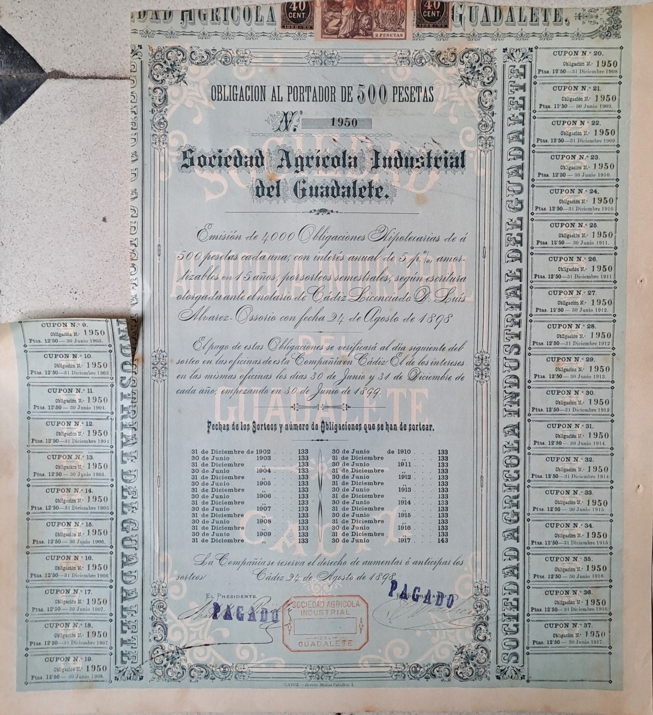 SOCIEDAD AGRICOLA INDUSTRIAL DEL GUADALETE EMISION DE 4.000 OBLIGACIONES HIPOTECARIAS DE 500 PTS. Nº 1950, 1942, 1867, 1853, 184