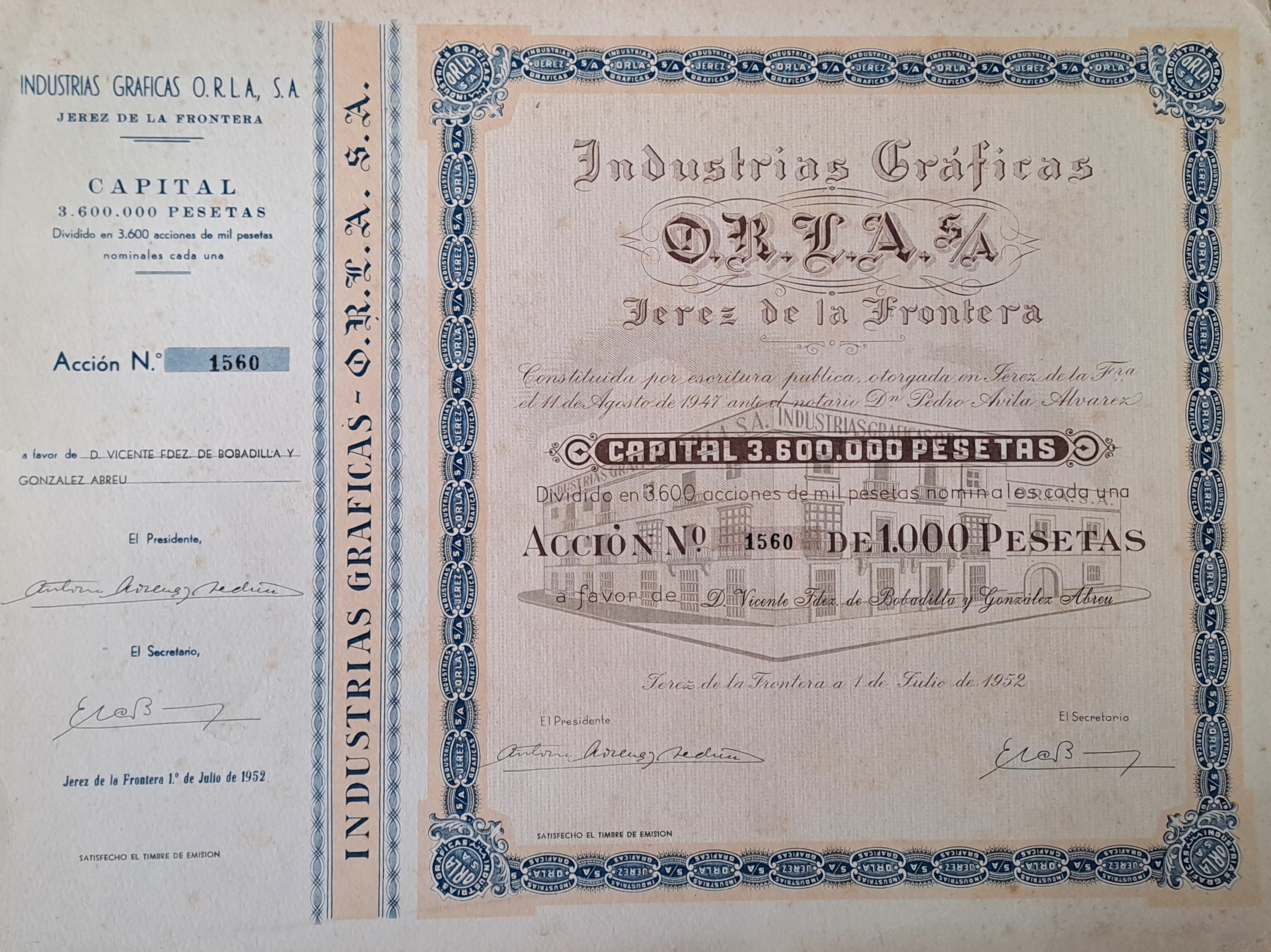INDUSTRIA GRAFICAS CAPITAL SOCIAL 3.600.000 PTAS ACCIONES DE 1000 PTAS Nº 1560, 1561