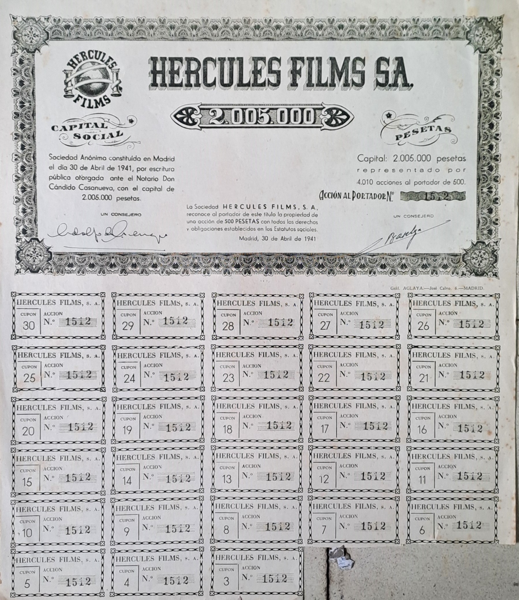 HERCULES FILMS S.A. CAPITAL SOCIAL 2.005.000 PTAS ACCIONES DE 500 PTAS Nº 1512.