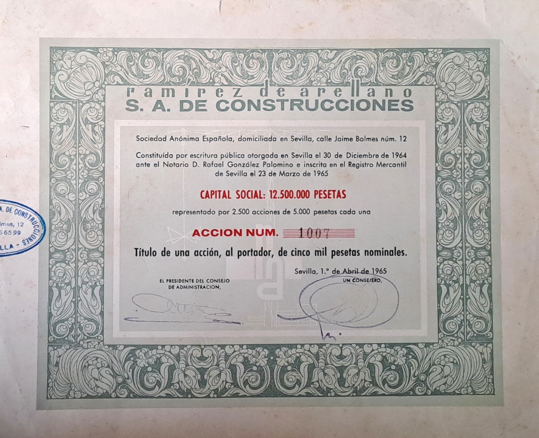 RAMIREZ DE ARELLANO S.A. DE CONSTRUCIONES CAPITAL SOCIAL 12.500.000 PTAS ACCIONES DE 5.000 PTAS Nº 1007.