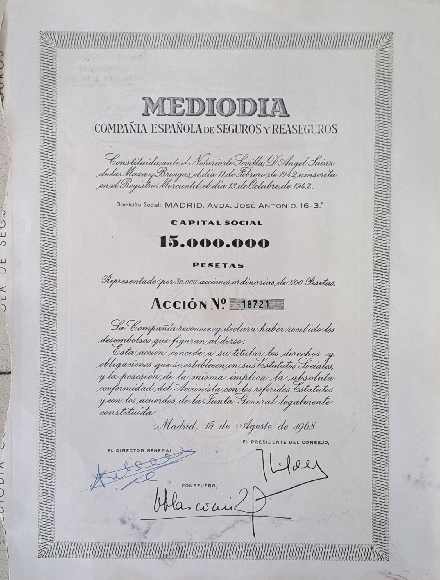 MEDIODIA COMPAÑÍA ESPAÑOLA DE SEGUROS Y REASEGUROS CAPITAL SOCIAL 15.000.000 PTAS ACCIONES DE 500 PTAS Nº 18721.