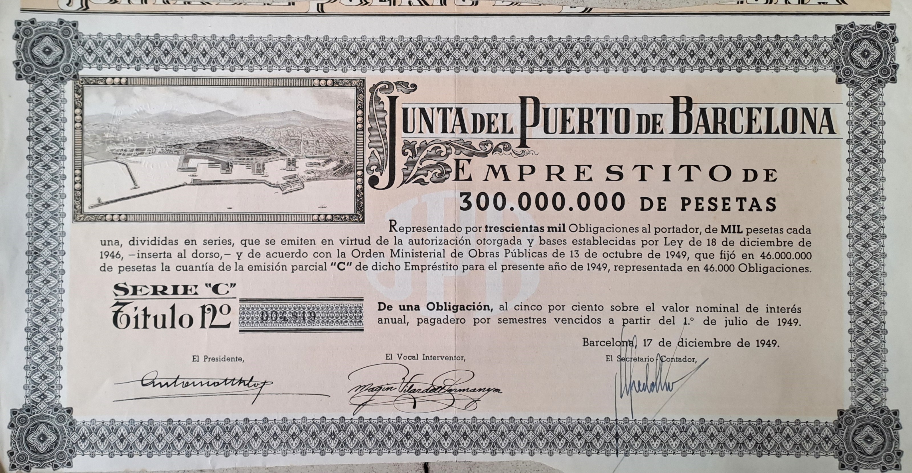 JUNTA DEL PUERTO DE BARCELONA EMPRESTITO DE 300.000.000 PTAS.  EMPRESTITO DE 1000 PTAS.  SERIE C Nº 004819, 09159,004820, 003121