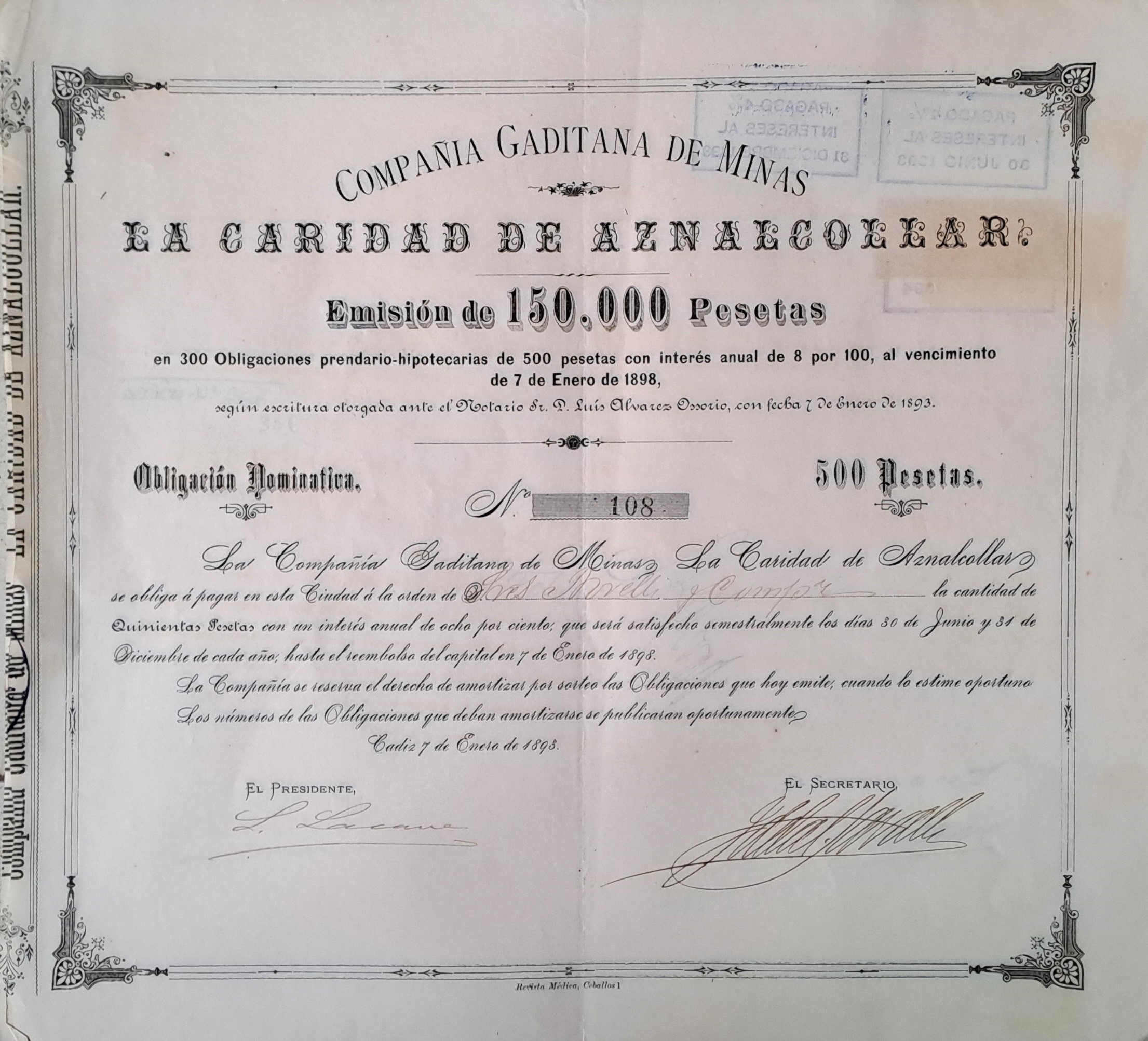 COMPAÑÍA GADITANA DE MINAS LA CARIDAD DE AZNALCOLLAR, EMISION DE 150.000 PTAS. ACCIONES DE 500 PTAS. Nº 108, 266, 161, 160, 159,