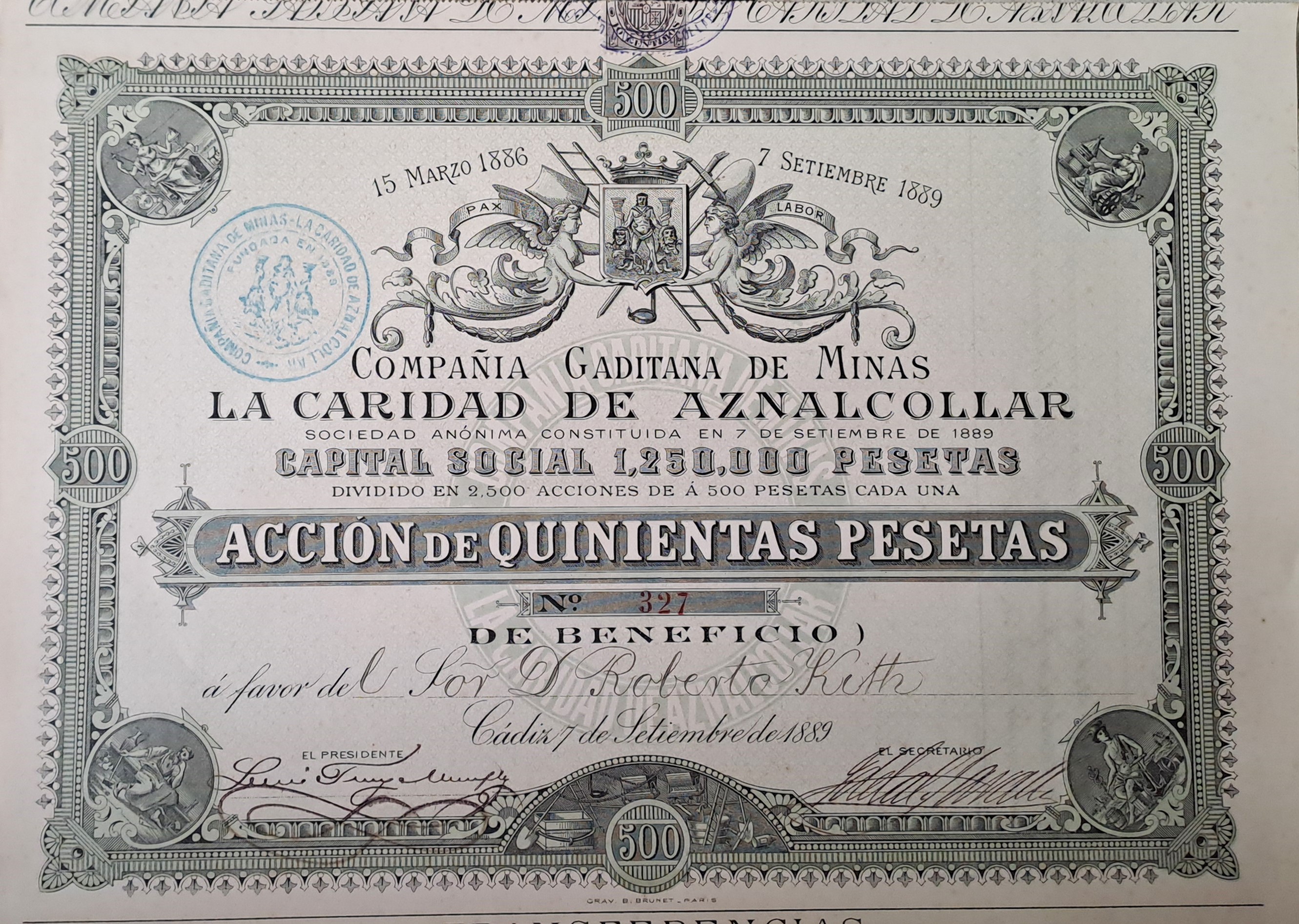 COMPAÑÍA GADITANA DE MINAS LA CARIDAD DE AZNALCOLLAR, CAPITAL SOCIAL 1.250.000 PTAS. ACCIONES DE 500 PTAS. Nº 327, 328, 329, 240