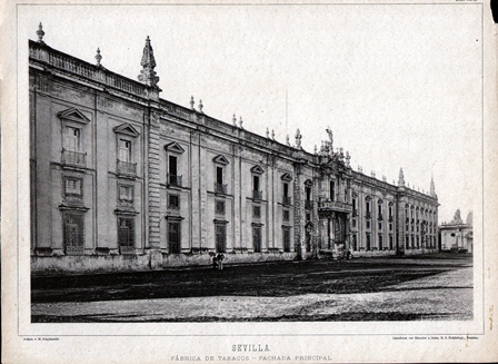 XILOGRAFIA DE SEVILLA. FABRICA DE TABACOS. FACHADA PRINCIPAL. AÑO 1890. 40,3X30 CM.