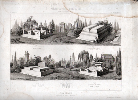 GRABADO ARQUITECTURA FUNERARIA. TOMBEAUX. CIMETIERE DU PARIS. PARALLELE
