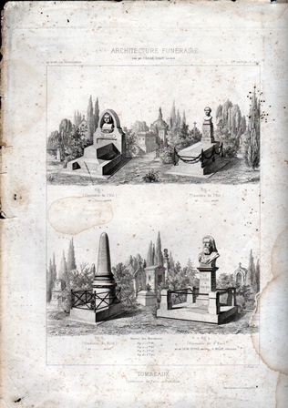 GRABADO ARQUITECTURA FUNERARIA. TOMBEAUX. CIMETIERE DE PARIS. PARALLELE