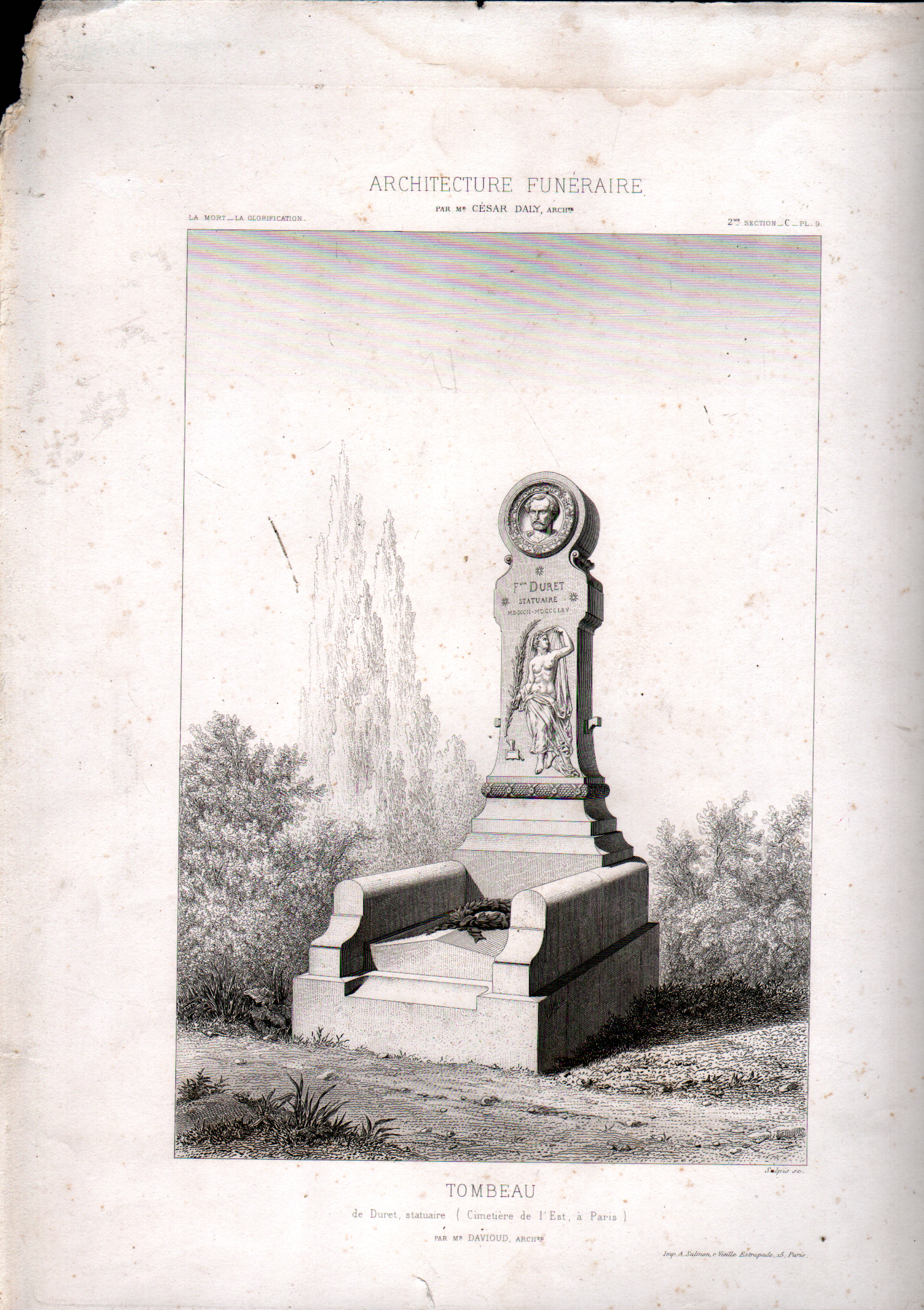 GRABADO ARQUITECTURA FUNERARIA. TOMBEAU. CIMETIERE DE L'EST DE PARIS