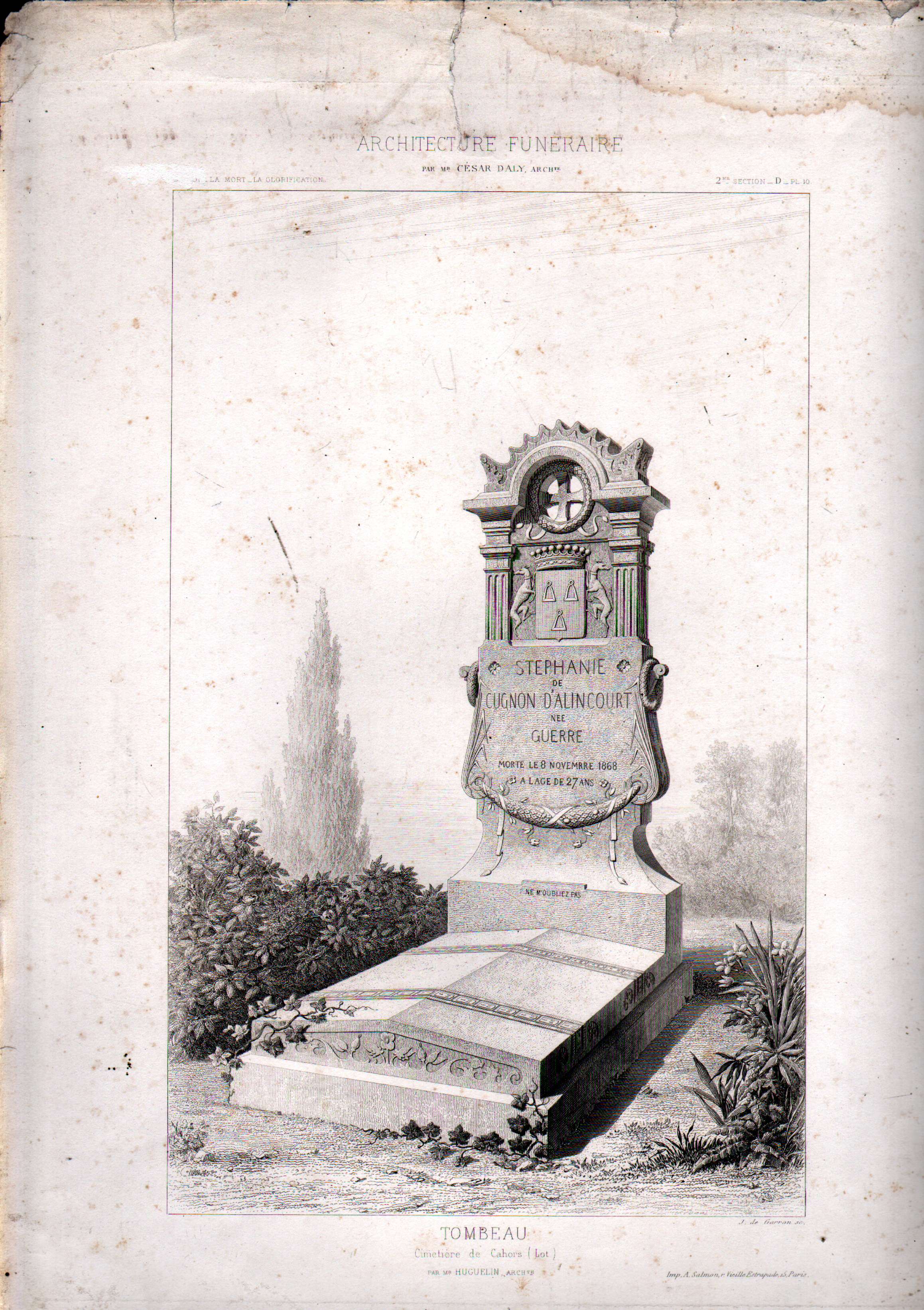 GRABADO ARQUITECTURA FUNERARIA. TOMBEAU. CIMETIERE DE CAORS (LOT)