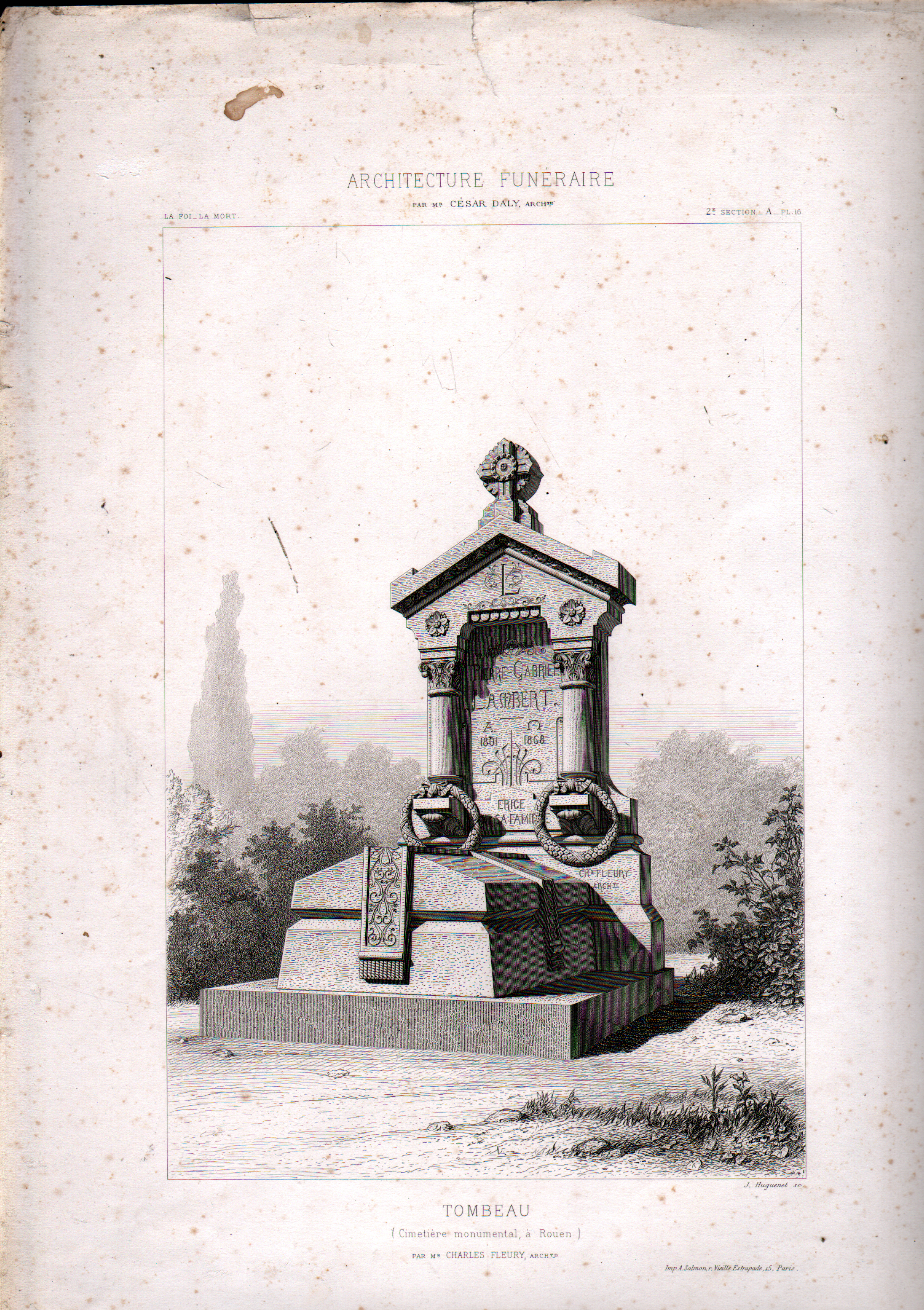 GRABADO ARQUITECTURA FUNERARIA. TOMBEAU. CIMETIERE MONUMENTAL A ROUEN