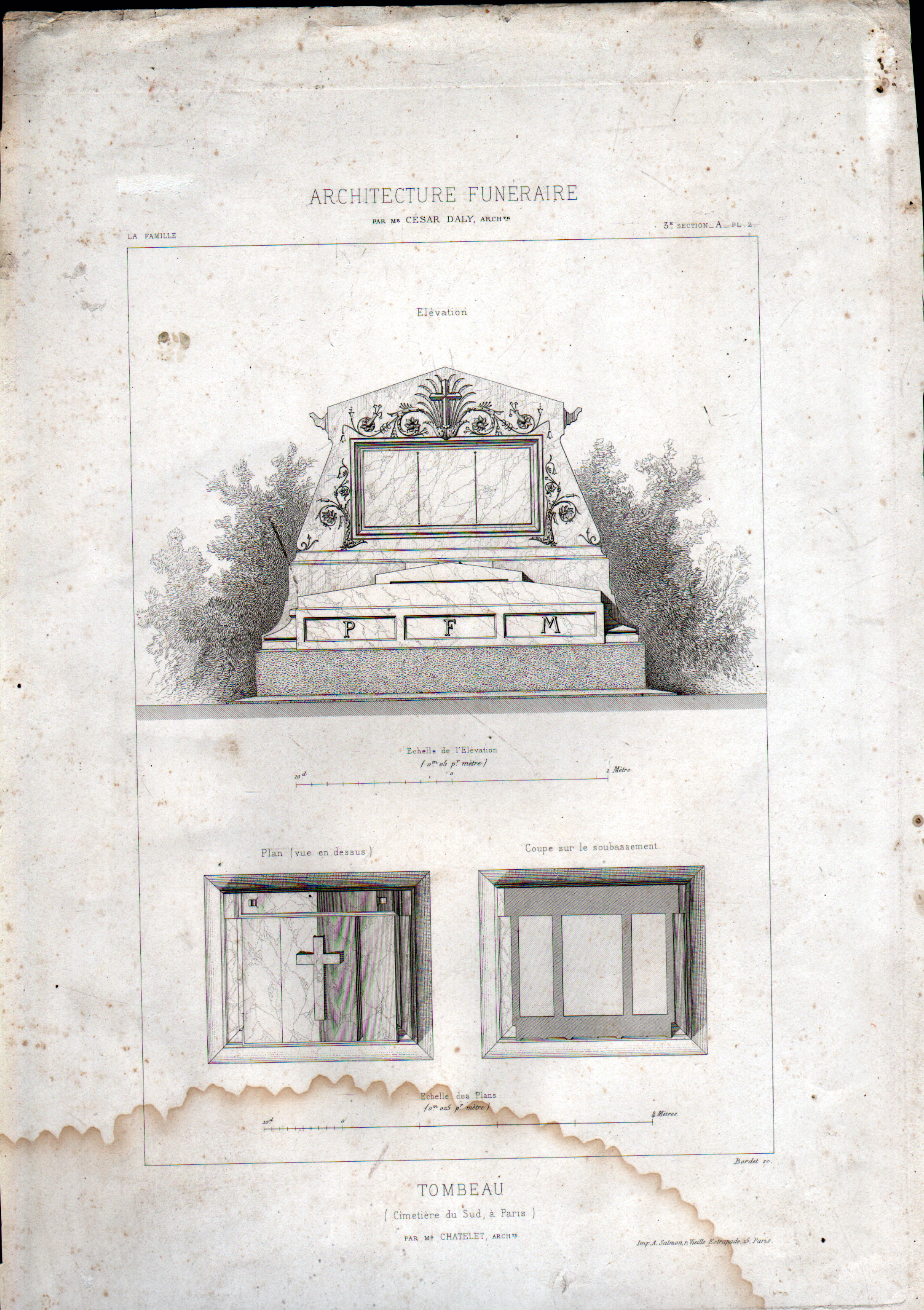 GRABADO ARQUITECTURA FUNERARIA. TOMBEAU. CIMETIERE DU SUD A PARIS