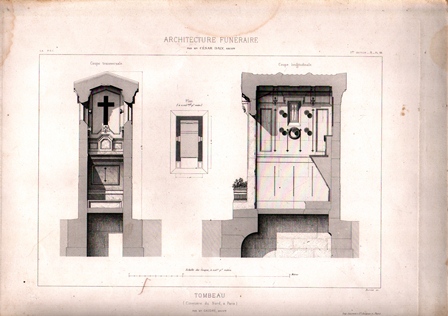GRABADO ARQUITECTURA FUNERARIA. TOMBEAU. CIMETIERE DU NORD A PARIS