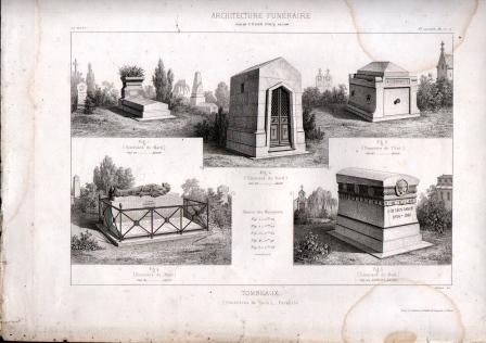GRABADO ARQUITECTURA FUNERARIA. TOMBEAU. CIMETIERE DE PARIS. PARALLELE