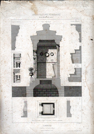GRABADO ARQUITECTURA FUNERARIA. TOMBEAU. CIMETIERE DU NORD A PARIS