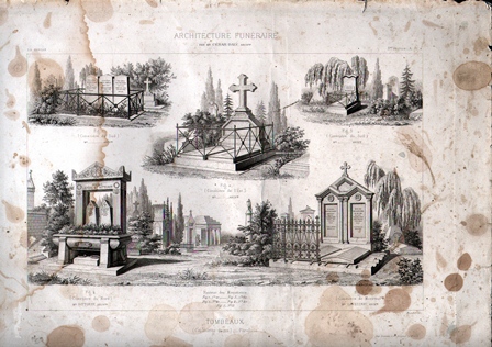GRABADO ARQUITECTURA FUNERARIA. TOMBEAUX. CIMETIERE DIVERS. PARALLELE