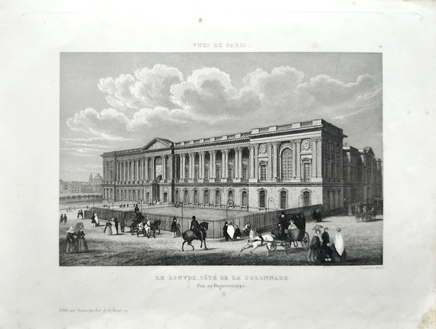 GRABADO ANTIGUO DE PARIS AL ACERO - LE LOUVRE COTE LE LA COLONNADE - PRIS AN DAGUERROTYPE