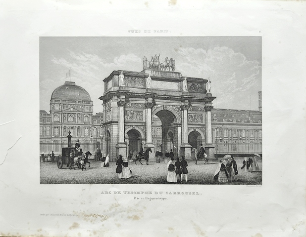 GRABADO ANTIGUO DE PARIS AL ACERO - ARC DE TRIOMPHE DU CARROUSEL - PRIS AN DAGUERROTYPE