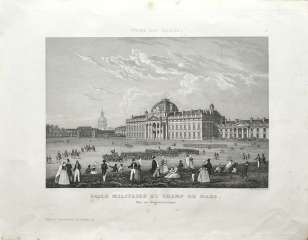 GRABADO ANTIGUO DE PARIS AL ACERO - ECOLE MILITAIRE ET CHAMP DE MARS - PRIS AN DAGUERROTYPE