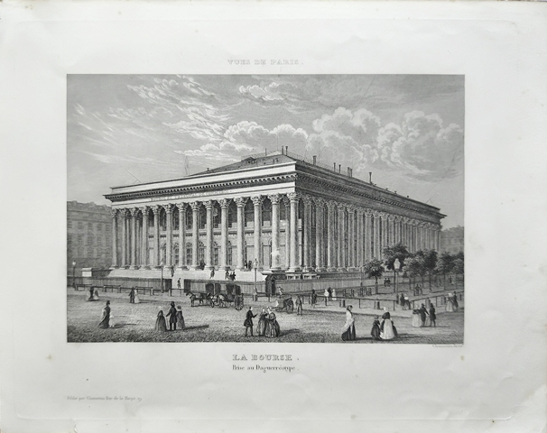 GRABADO ANTIGUO DE PARIS AL ACERO - LA BOURSE - PRIS AN DAGUERROTYPE