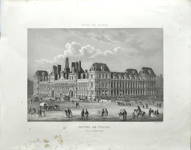 GRABADO ANTIGUO DE PARIS AL ACERO - HOTEL DE VILLE - PRIS AN DAGUERROTYPE