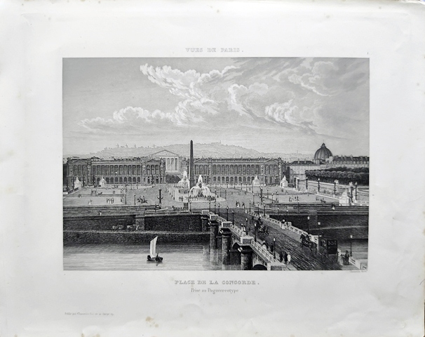 GRABADO ANTIGUO DE PARIS AL ACERO - PLACE DE LA CONCORDE - PRIS AN DAGUERROTYPE