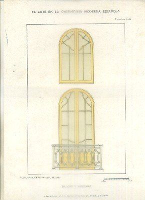 LITOGRAFIA DE CARPINTERIA MODERNISTA: BALCON Y VENTANA. LAM. 140. PROY. A. MORAGAS