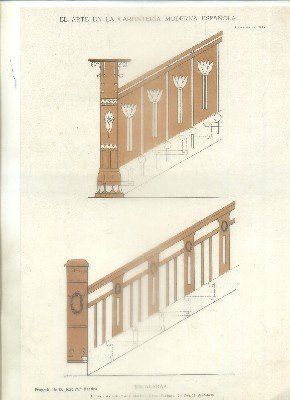 LITOGRAFIA DE CARPINTERIA MODERNISTA: ESCALERAS. LAM. 96. PROY. J. Mª. ABADES