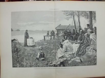XILOGRAFIA: CEREMONIA RELIGIOSA A ORILLAS DEL MAR EN FINLANDIA. A. EDELFELT