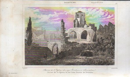GRABADO VISTA PALESTINA VISTA DE RUINAS DE LA IGLESIA DE LOS SIETE DOLORES DE JERUSALEN