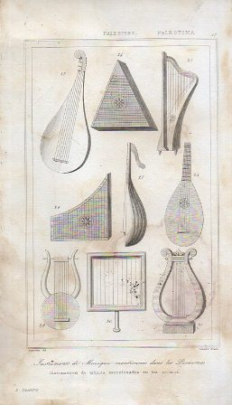 GRABADO VISTA PALESTINA DE LOS INSTRUMENTOS DE MUSICA DE LOS SALMOS