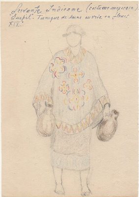 LAMINA DE MODA. DIBUJO BOCETO. SERVANTE INDIENNE. TUNIQUE DE LAINE