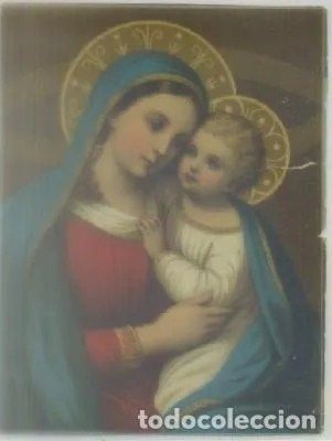 CROMOLITOGRAFIA RELIGIOSA: LA VIRGEN Y EL NIÑO. AÑO 1900 APROX.