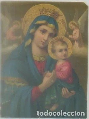 CROMOLITOGRAFIA RELIGIOSA: LA VIRGEN Y EL NIÑO. AÑO 1900 APROX.