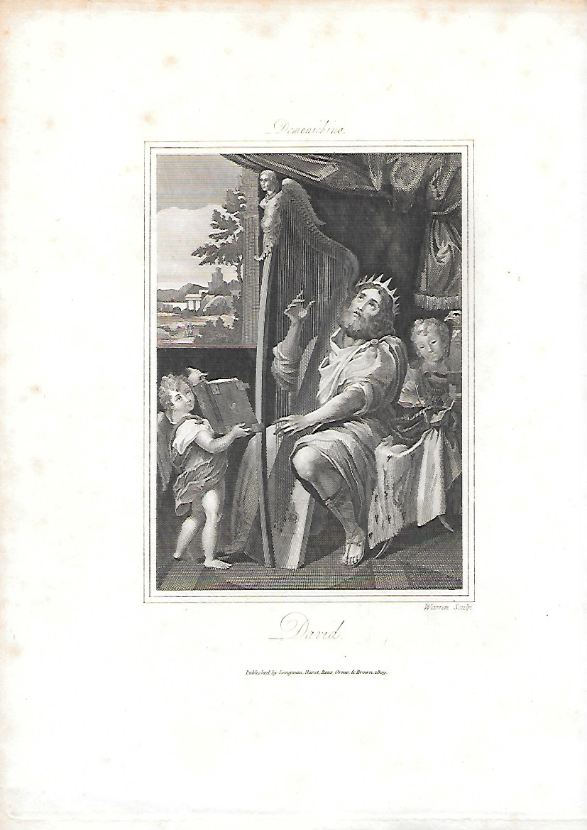 GRABADO ORIGINAL DEL REY DAVID TOCANDO EL ARPA DE DOMENICHINO