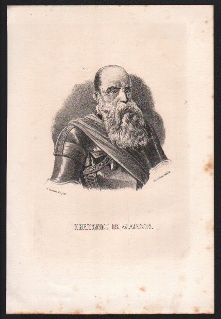 LITOGRAFIA DE DON HERNANDO DE ALARCON. MANCHAS DE OXIDO. TAMAÑO 32 X 21 CM.