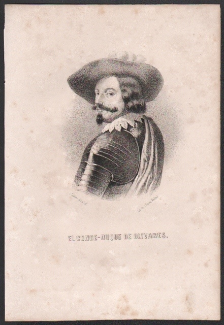 LITOGRAFIA DE EL CONDE DUQUE DE OLIVARES. 1850. MANCHAS DE OXIDO. TAMAÑO 32 X 21 CM.