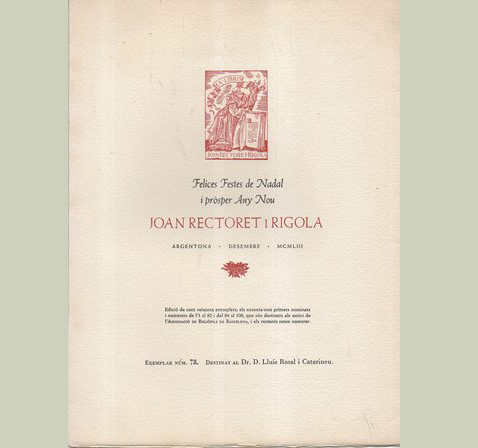 TARJETA DE FELICITACION NAVIDAD. DE D. JUAN RECTORET I RIGOLA. BARCELONA 1953