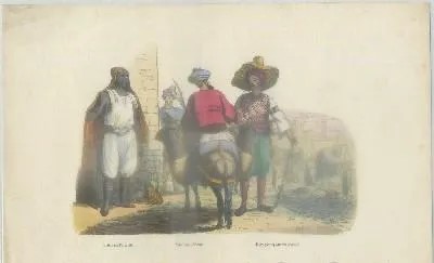 LITOGRAFIA TIPOS Y COSTUMBRES. BISKRI ON PORTEFAIX. MARCHANDS MAURES. MAURE PERCEPTEUR