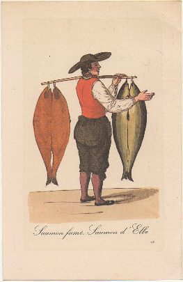 REPRODUCCION DE GRABADO. TIPOS Y COSTUMBRES. SAUMON FUMÉ, SAUMON D'ELBE