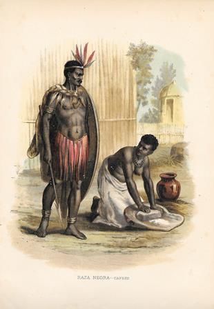 CROMOLITOGRAFIA DE TIPOS Y COSTUMBRES  RAZA NEGRA - CAFRES