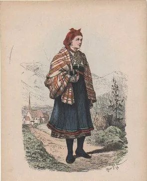 LITOGRAFIA DE TIPOS Y COSTUMBRES. BAUERNMÄDCHEN AUS VALLE IN SÄTERSDALEN. NORWEGEN