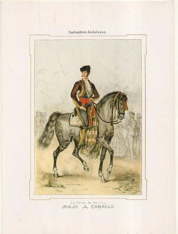 LAMINA REPRODUCCION. COSTUMBRES ANDALUZAS. FERIA DE SEVILLA. MAJO A CABALLO