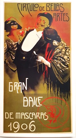 REPRODUCCIÓN CARTEL GRAN BAILE DE MASCARAS 1906, CIRCULO DE BELLAS MADRID. 32x17CM.