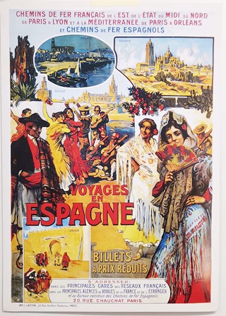 REPRODUCCIÓN CARTEL VOYAGES EN ESPAGNE, BILLETS A PRIX REDUITS, PARIS.